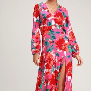 Lulus Carolita Magenta Floral Long Sleeve Maxi